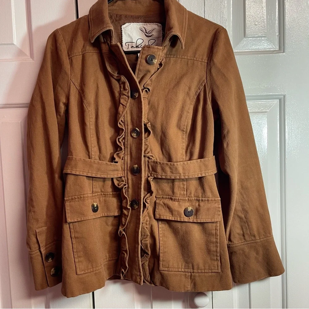 Sz 6 (S/M) Anthropologie Brown Ruffle-Trim Utility Barn Jacket - Picture 1 of 8